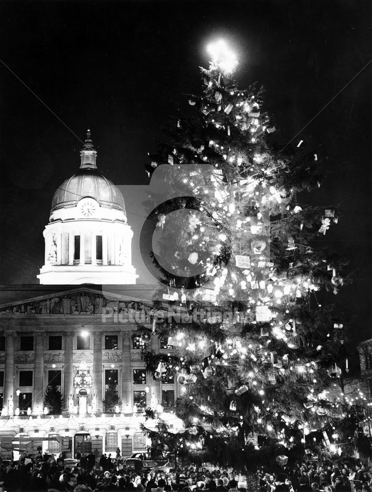 Christmas tree carol service outside the Council House, Old Market Square, Nottingham, 1972