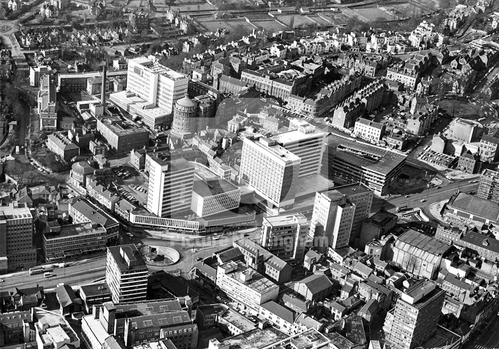 Aerial view of City Centre including Maid Marian Way, Nottingham, 1973