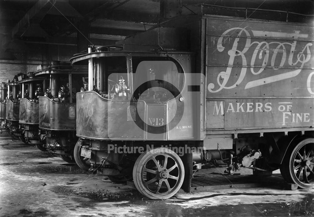 Boots the Chemist steam delivery lorries in garage