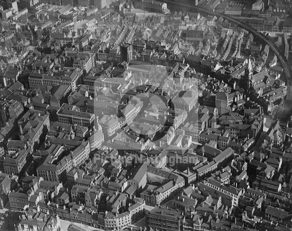 Factories in the Lace Market and St Mary's Church from the air c 1920