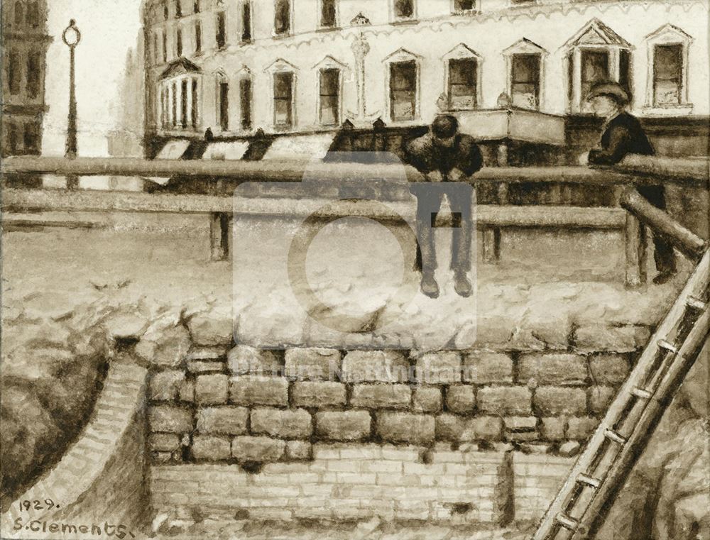 Old town walls revealed in the cellar, during the demolition of the Three Crowns, Parliament Street,