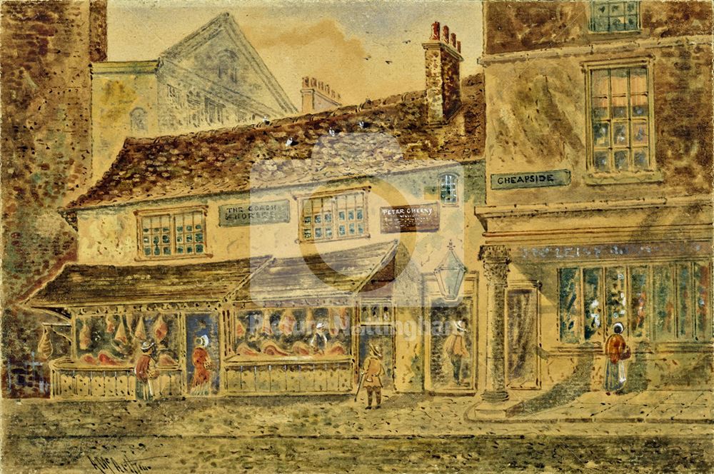 The Coach and Horses pub - birthplace of Henry Kirke White (painted in 1930 but depicting c 1835)