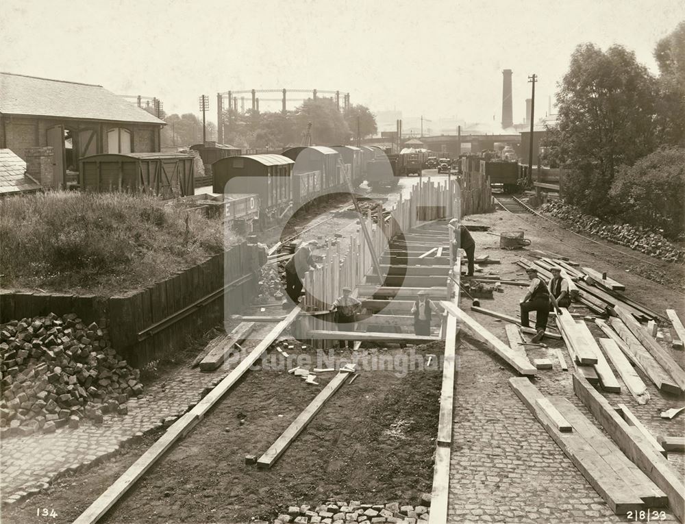 Excavation for the 6 foot diameter sewer in the LMS (London, Midland and Scottish) railway goods yar