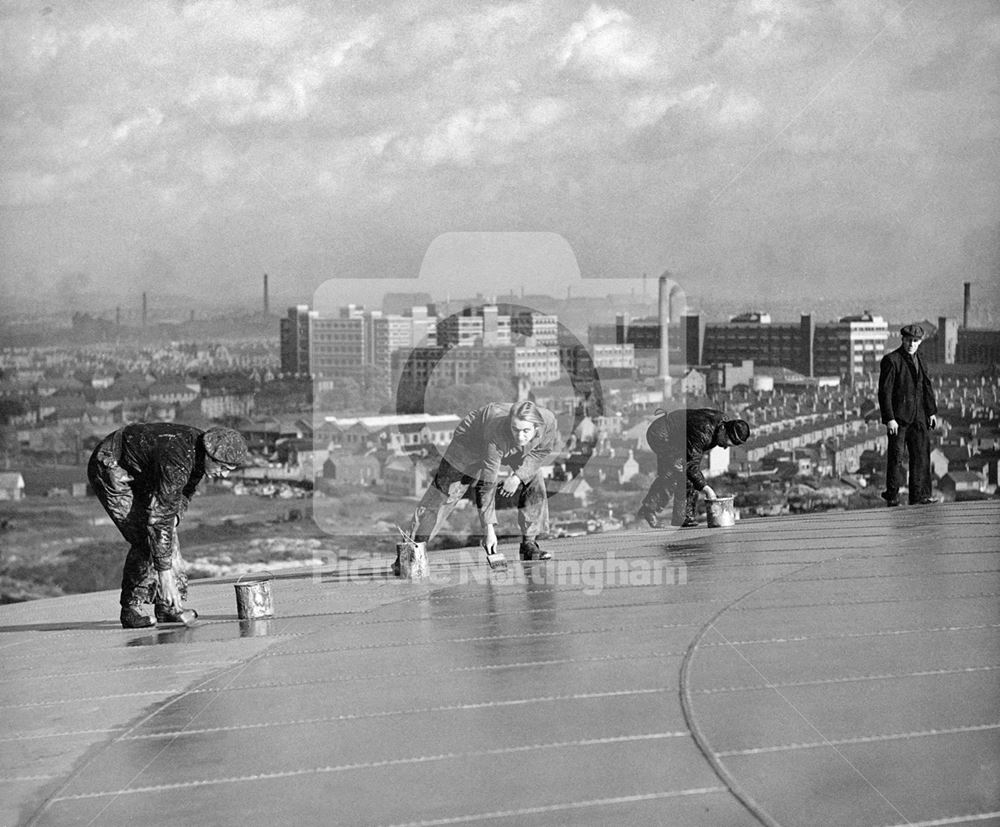 Painting top of Radford Gasometer, c 1949