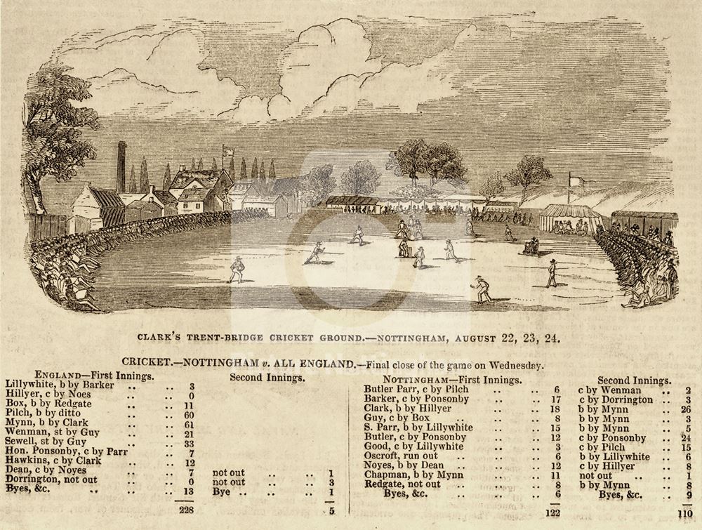 Trent Bridge Cricket Ground - Nottingham V All England Match - August 22,23,and 24, 1842