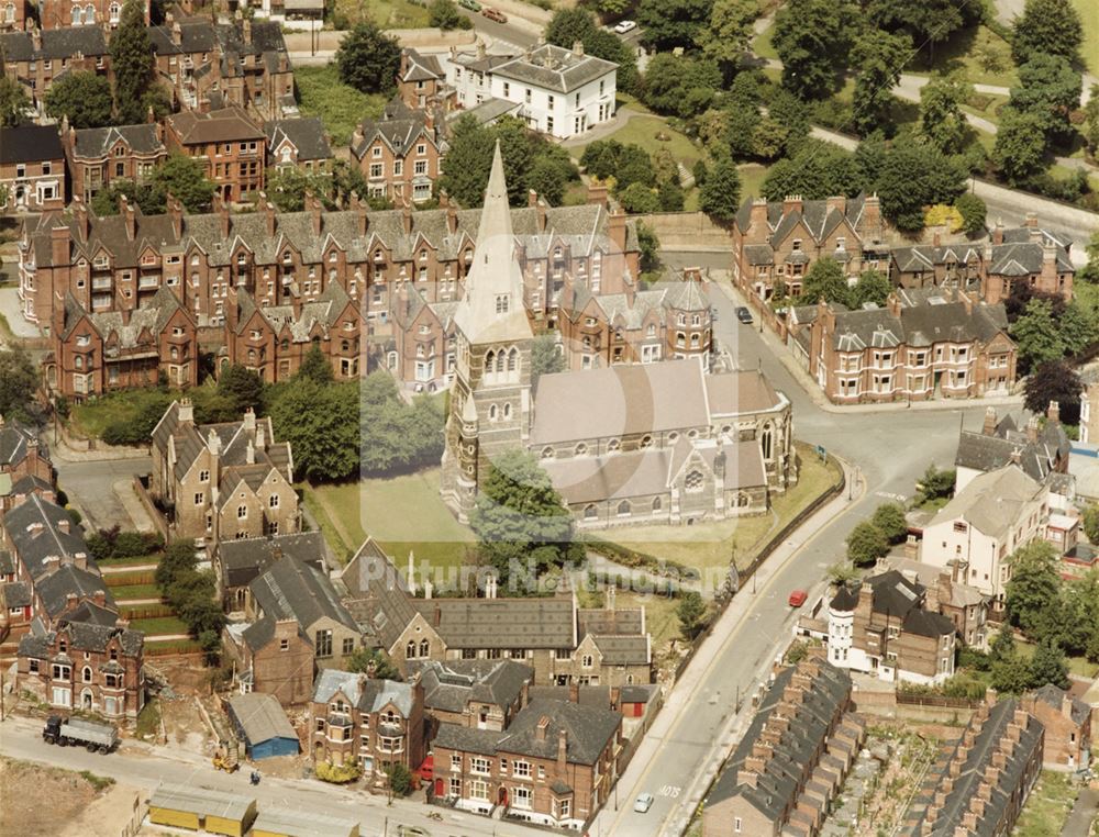 Aerial view of All Saints Church and surrounding streets