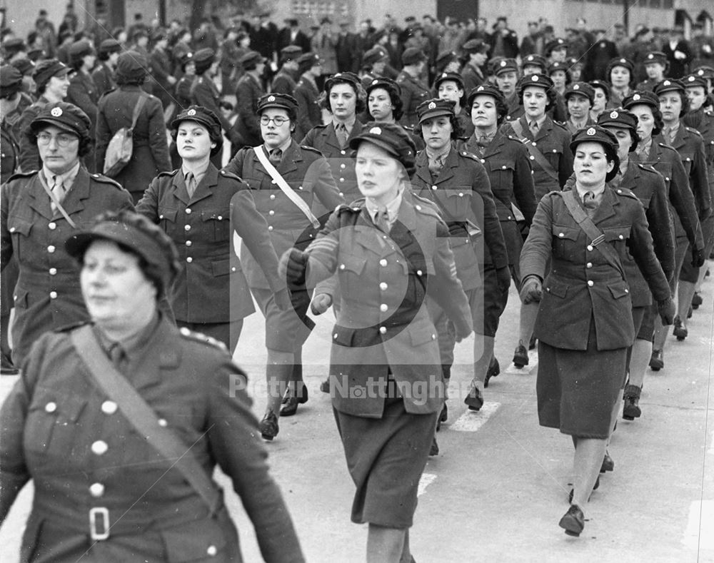 Girls of the ATS marching off the parade ground after inspection, Nottingham, 1939-1940