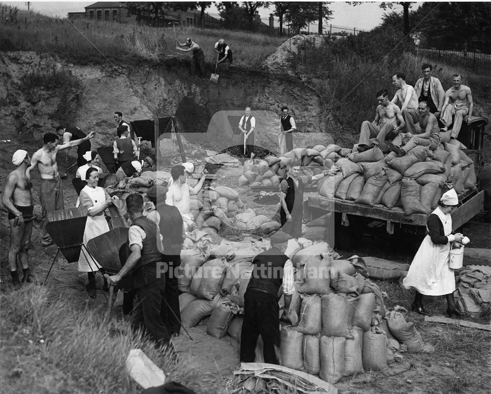 Staff of City Hospital and Vale Brook Lodge fitting sandbags, Hucknall Road, Nottingham, 1939