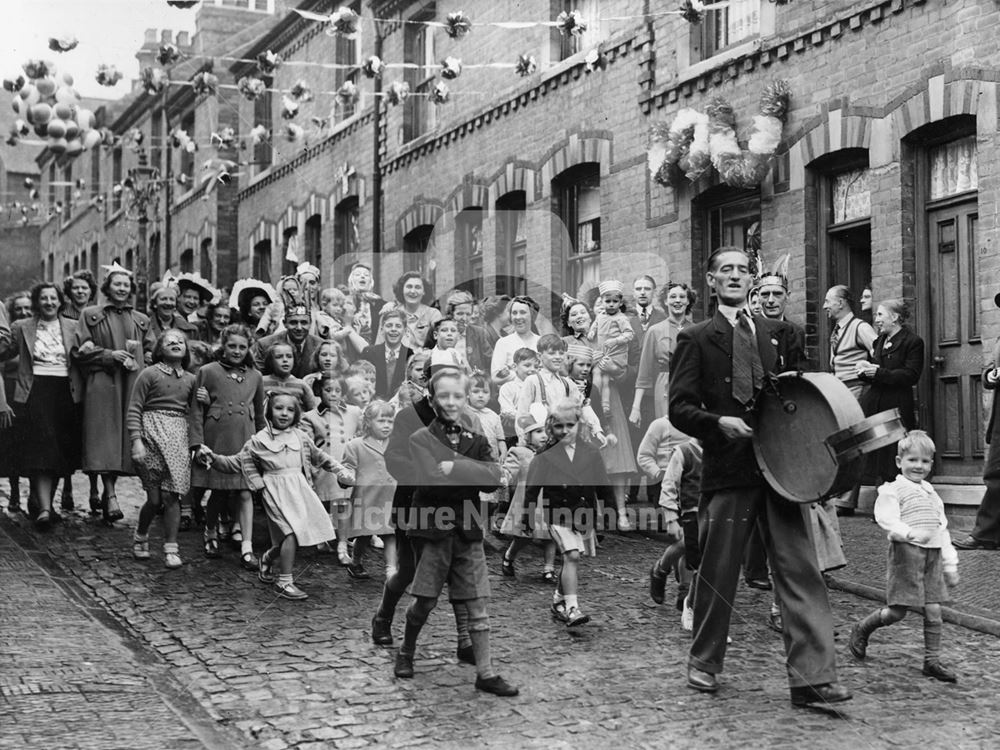 Mr H Hawksley leading the coronation celebrations, St Albans Street, Sherwood, Nottingham, 1953