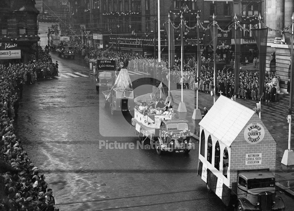 Youth Coronation procession, Council House, Old Market Square, Nottingham, 1953