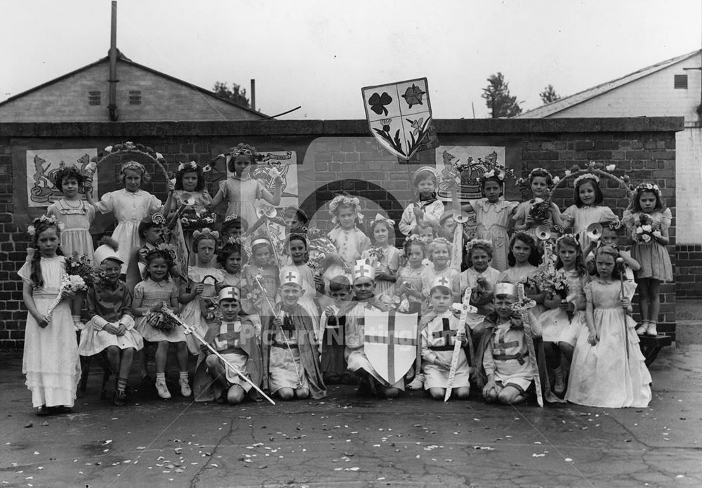 Cast of the pageant, Collygate infants' school, Collygate Road, Meadows, 1953