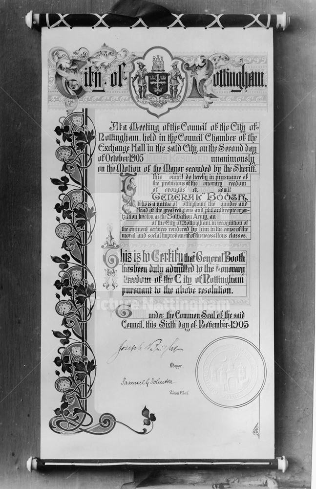 Booth, William, honorary freeman's certificate, 1905