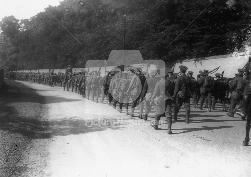 Soldiers marching past Wollaton Park, Derby Road, 1913