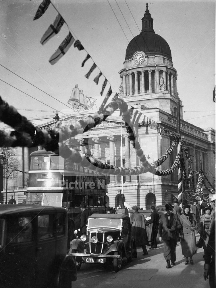 1937 Coronation, decorations, council house, Old Market Square, 1937