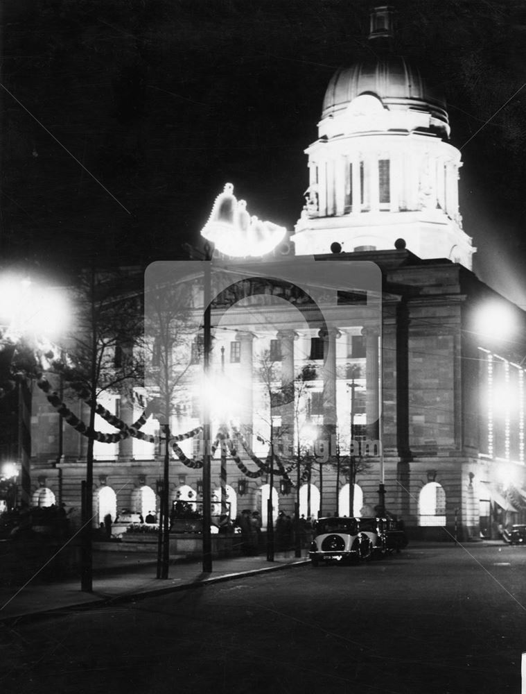 1937 Coronation, decorations, council house, Old Market Square, 1937