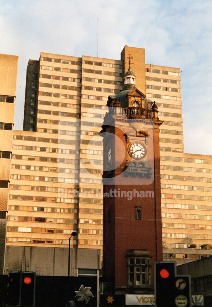 Victoria Centre flats and clock tower; Milton Street, 1986