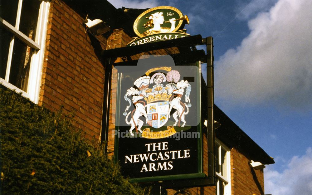 Inn sign of the Newcastle Arms Public House, Station Road, Southwell, 1998