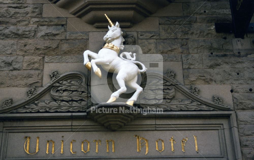 Sculptured Hotel Sign of the Unicorn Hotel, 37 Bridge Street, Worksop, 1998