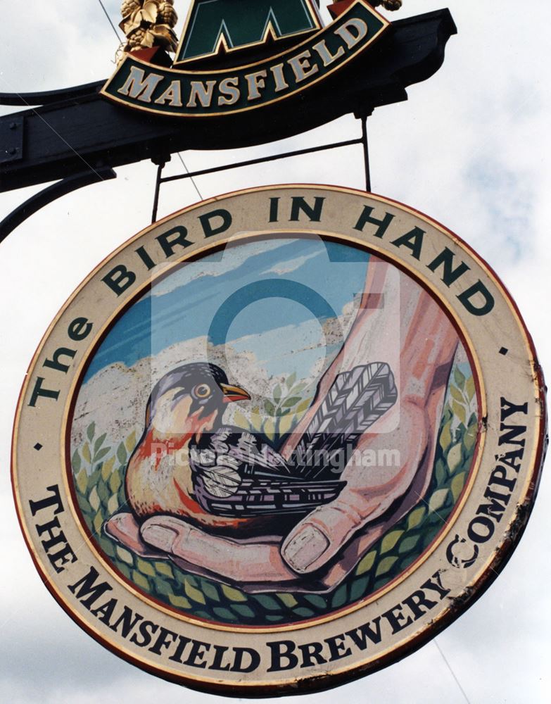 Inn sign of The Bird in Hand Public House, Main Street, Blidworth, 1998