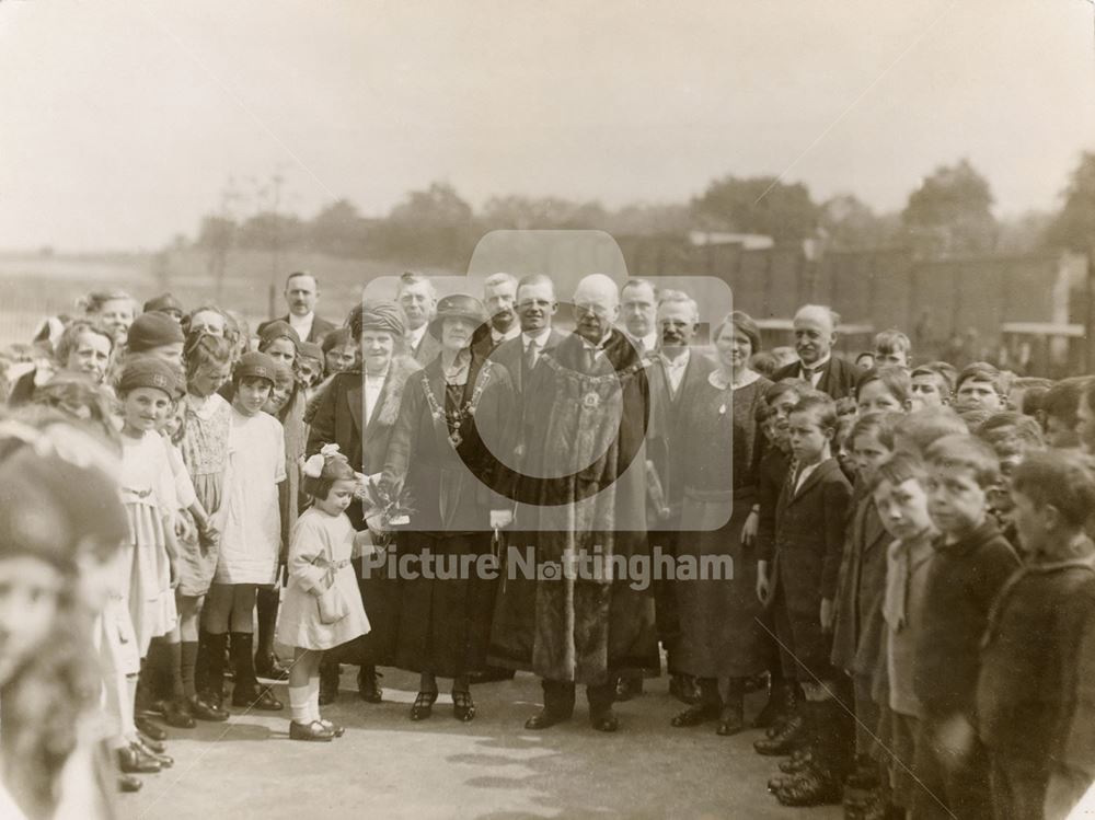 Alderman E L Manning and Mrs Manning at Scotland Road School, Old Basford