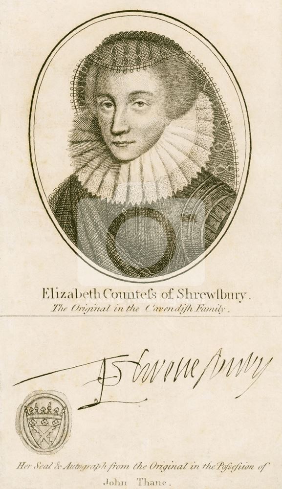 Portrait, seal and signature of Elizabeth Countess of Shrewsbury - 'Bess of Hardwick', Derbyshire