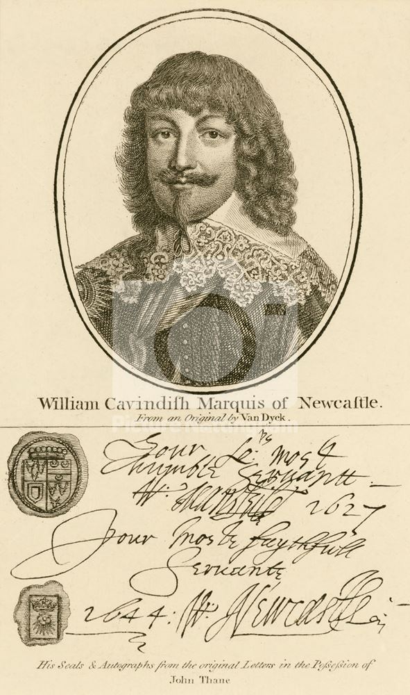 Portrait, seals and signature of William Cavendish, 1st Duke of Newcastle