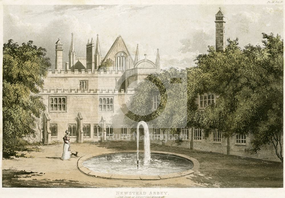 Fountain in Cloister garth, Newstead Abbey, c 1820