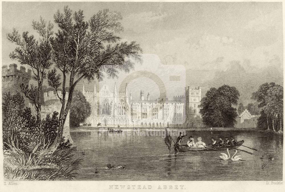 West aspect of Newstead Abbey and upper lake, c. 1838