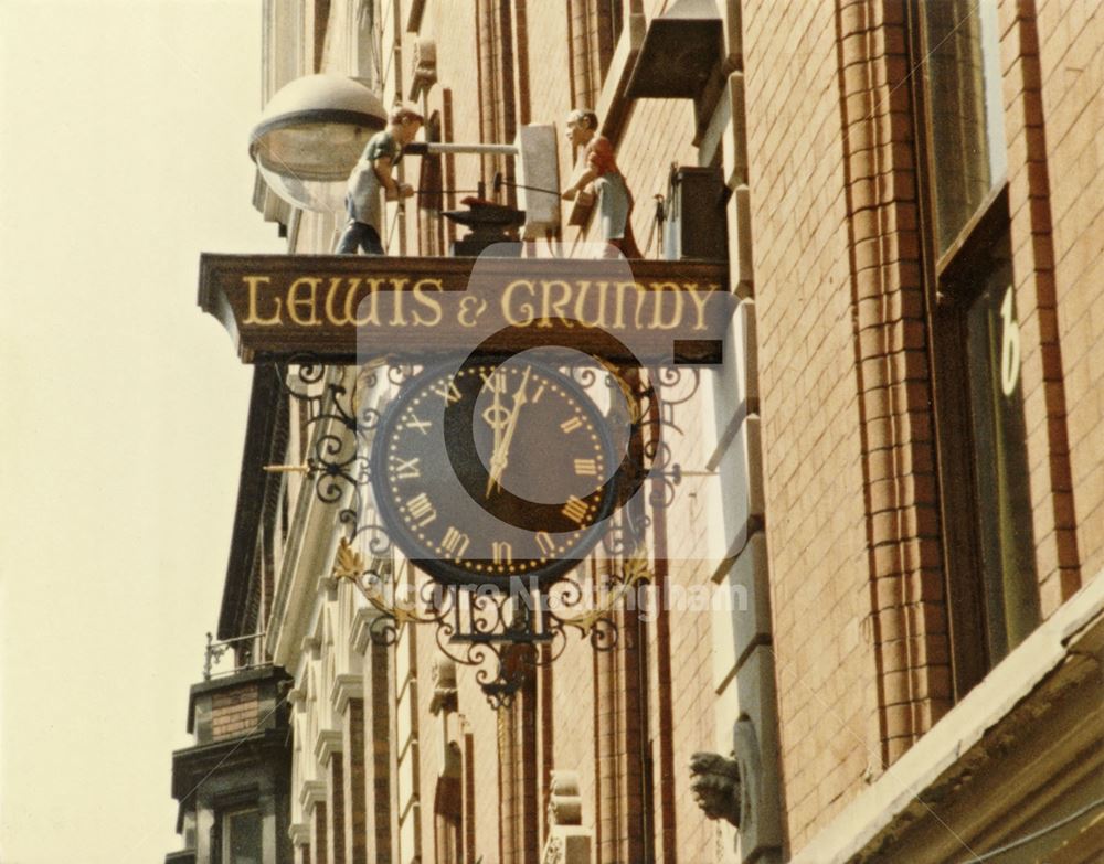 Lewis and Grundy clock, Victoria Street, Nottingham, 1983