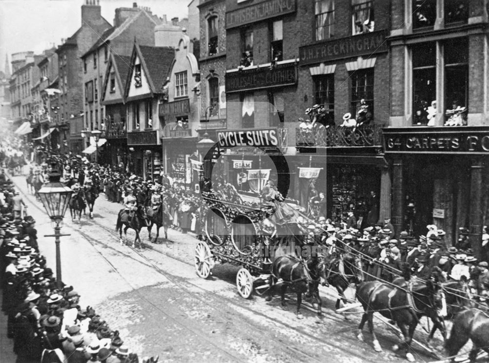 Circus procession, Long Row West, Nottingham, c 1895