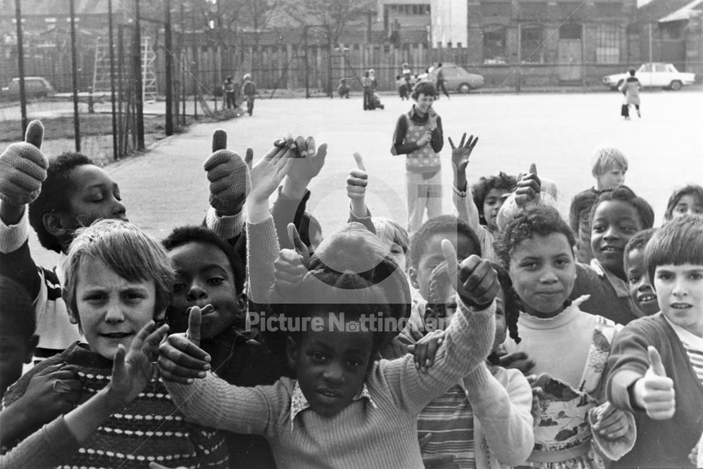 Windley School playground looking towards Ayr Street, Nottingham, 1977