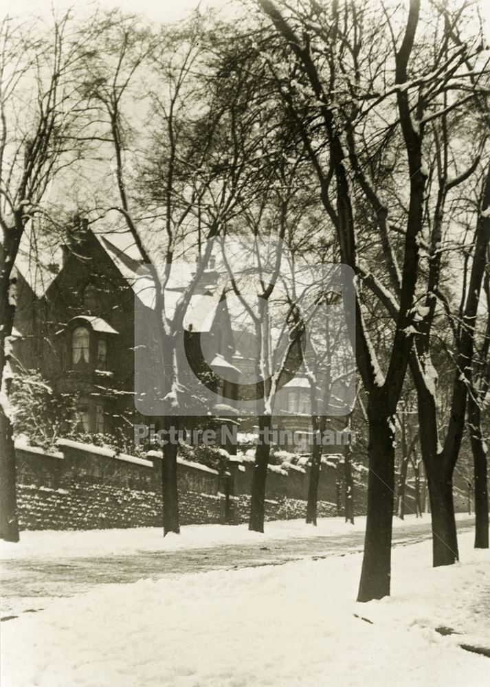 Park Drive in the snow, The Park, Nottingham, 1909