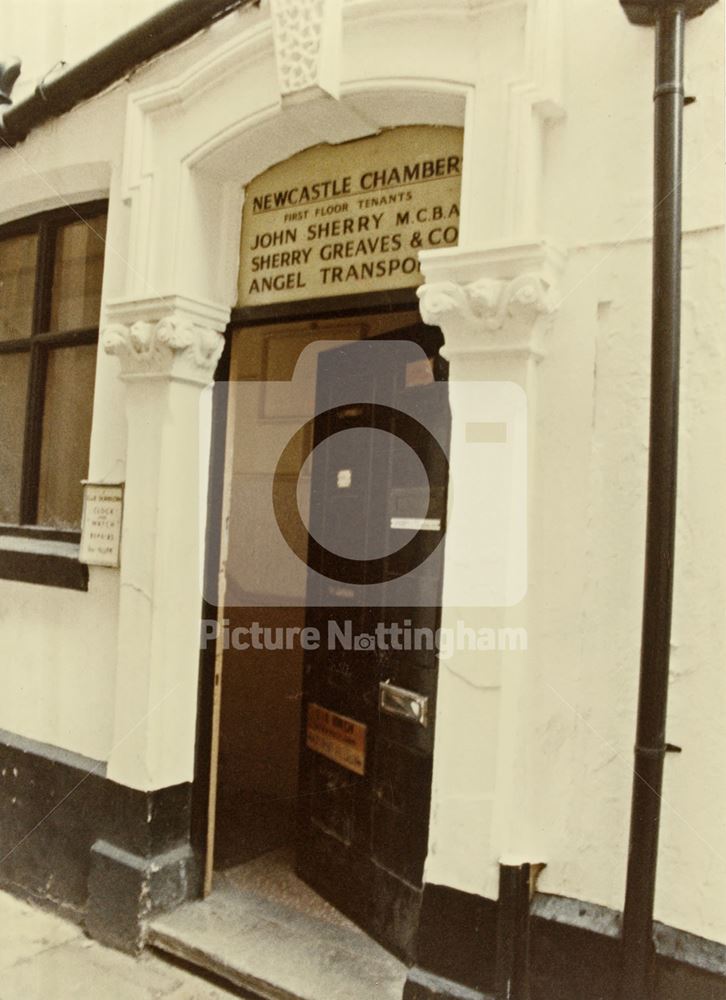 Doorway of Newcastle Chambers, Angel Row, Nottingham, 1984