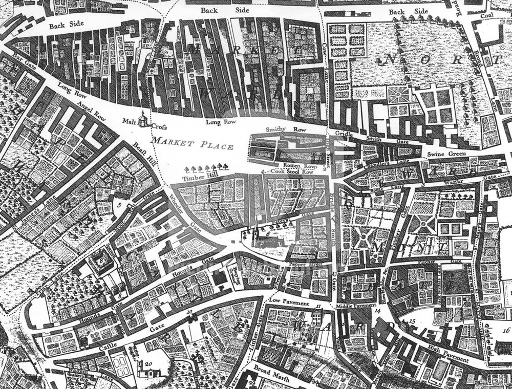 Badder and Peat's Map, Old Market Square, Nottingham, 1748