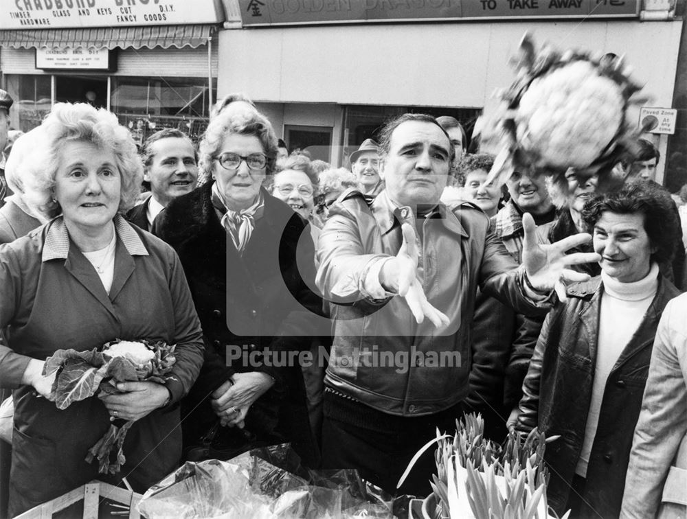 Billy Dainty selling a Cauliflower, Market Place, Bulwell, 1980s