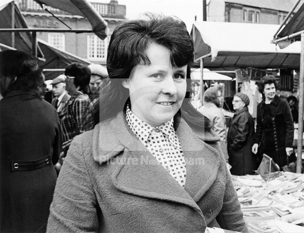 Mrs June Belfield, Stallholder at Bulwell Market, Market Place, Bulwell, 1974