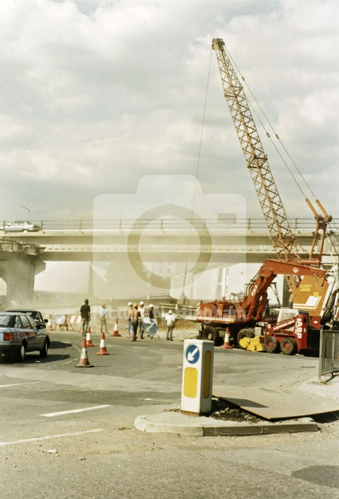 Flyover constuction, Abbey Street - Beeston Road (A6005) roundabout, Dunkirk, Nottingham, 1989