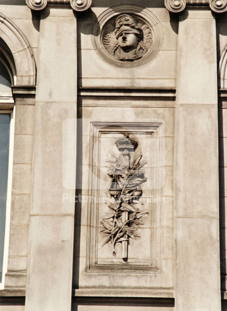 Detail of frontage showing Head of Justice, The Guildhall, Burton Street, Nottingham, 1986