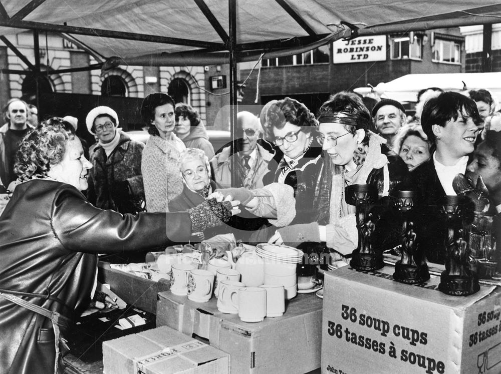 TV personality Sue Pollard at market stall, Sneinton Market, Sneinton, 1980s