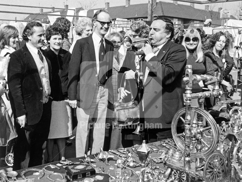 Billy Dainty at brass stall, Clifton Market, Southchurch Drive, Clifton, c 1980