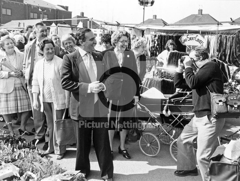 Billy Dainty with Ivy Matthews and others, Clifton Market, Southchurch Drive, Clifton, c 1980