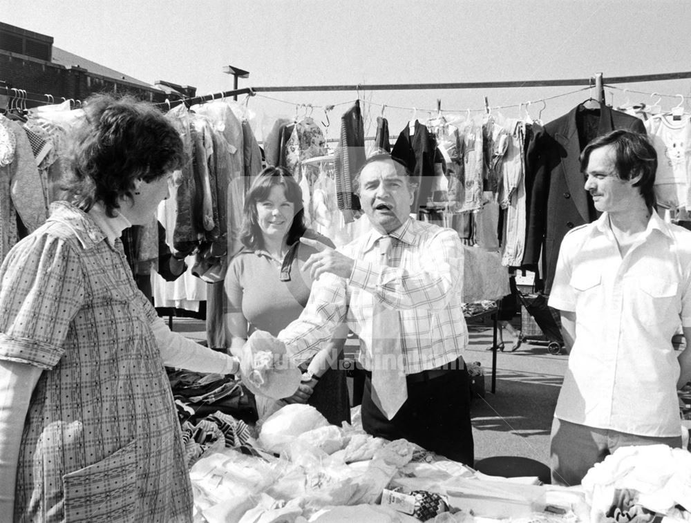 Billy Dainty with Derek and Shelia Roberts, Clifton Market, Southchurch Drive, Clifton, c 1980