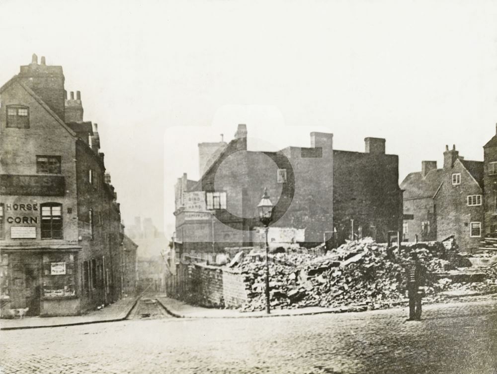 Parliament Street (Upper) (south side) and end of Sheep Lane, Nottingham, c 1860