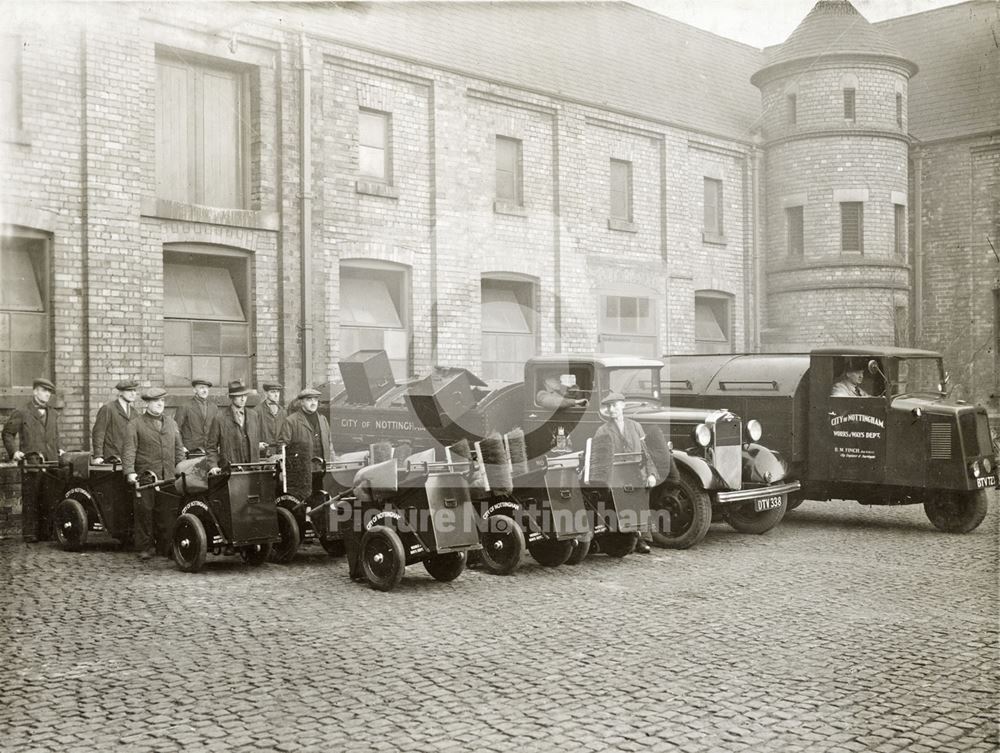 Cleansing section - lorries and handcarts, Eastcroft, London Road, Nottingham, c 1937