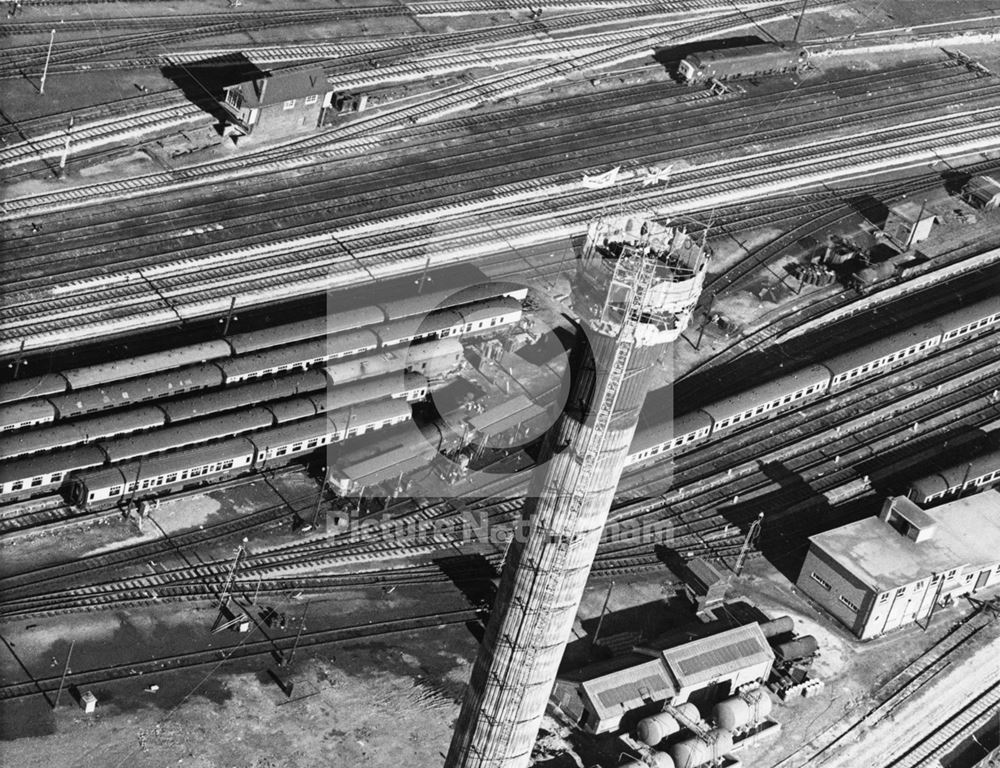 Aerial view of 300ft chimney, Eastcroft Depot Incinerator, London Road, Nottingham, 1971