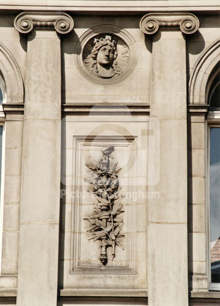 Detail of frontage, The Guildhall, Burton Street, Nottingham, 1986