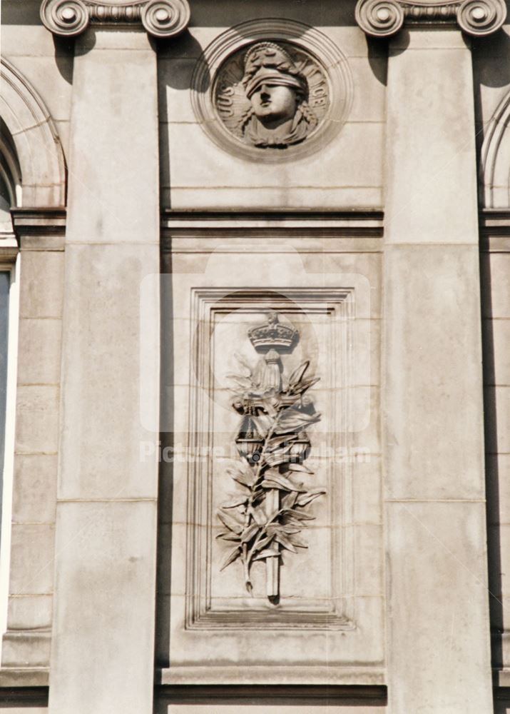 Detail of frontage showing Head of Justice, The Guildhall, Burton Street, Nottingham, 1986