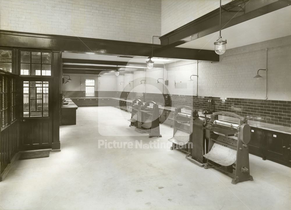 Mangling Room, Victoria Washhouses, corner of Bath Street and Gedling Street, c 1928