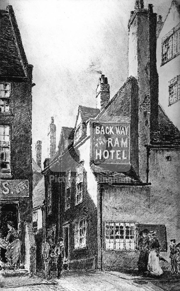 Rear entrance to the Ram Hotel, Parliament Street, Nottingham, 1883