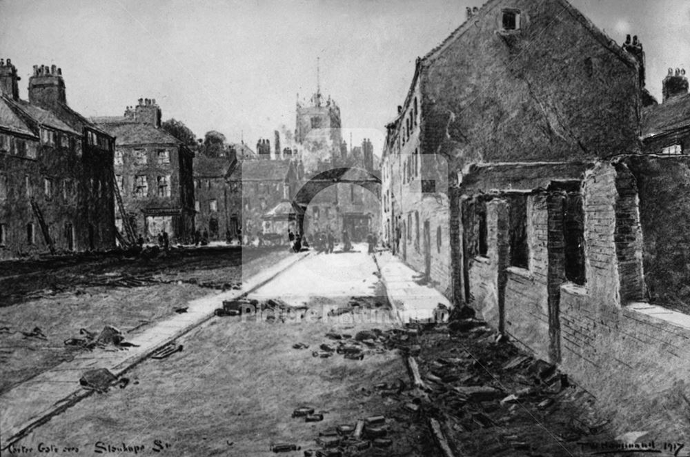 View from Stanhope Street during demolition, Carter Gate area, Nottingham, 1917